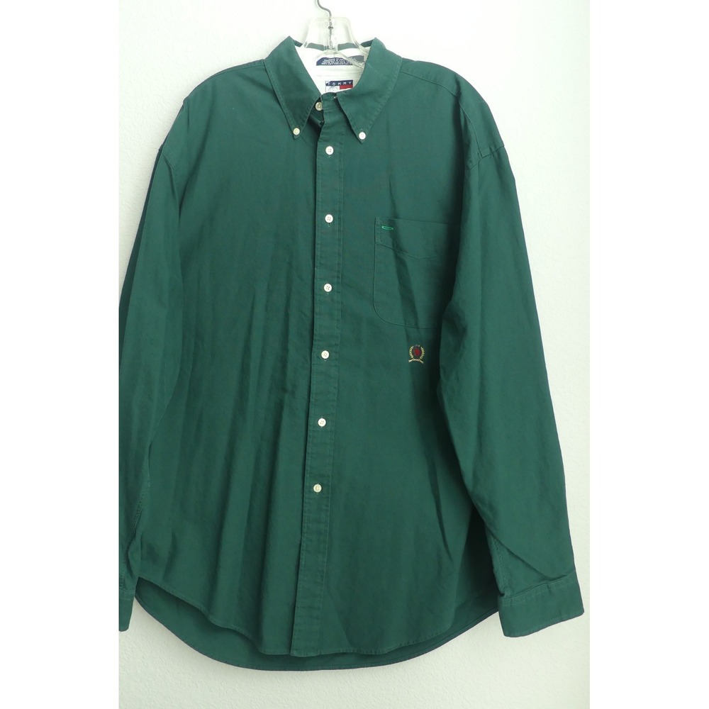 Vtg Tommy Hilfiger Mens Large Green Button Down Shirt Crest Old Money Preppy